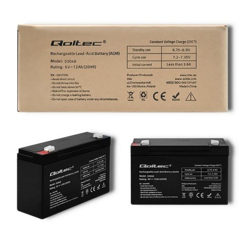 Qoltec Akumulator AGM | 6V | 12Ah | Bezobsługowy | Wydajny | LongLife | do UPS, wagi, kasy Qoltec Akumulator AGM | 6V | 12Ah | Bezobsługowy | Wydajny | LongLife | do UPS, wagi, kasy
