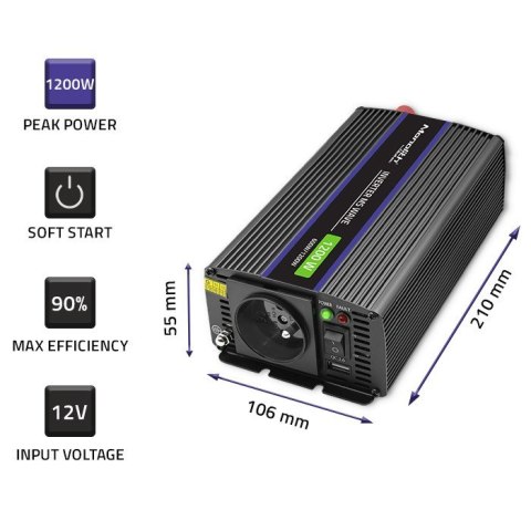 Qoltec Przetwornica napięcia Monolith 1200 MS Wave | 12V na 230V | 600/1200W | USB Qoltec Przetwornica napięcia Monolith 1200 MS Wave | 12V na 230V | 600/1200W | USB