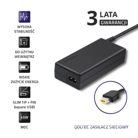 Qoltec Zasilacz do laptopa Lenovo 45W | 20V | 2.25A | Slim tip+pin | +kabel zasilający Qoltec Zasilacz do laptopa Lenovo 45W | 20V | 2.25A | Slim tip+pin | +kabel zasilający