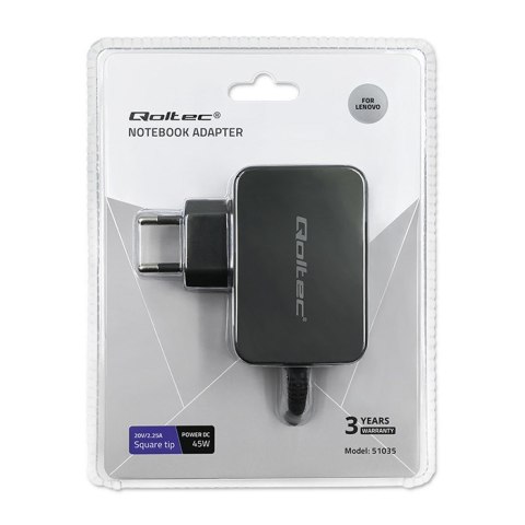 Qoltec Zasilacz do laptopa Lenovo 45W | 20V | 2.25A | Slim tip+pin Qoltec Zasilacz do laptopa Lenovo 45W | 20V | 2.25A | Slim tip+pin