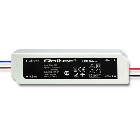 Qoltec Zasilacz impulsowy LED IP67 | 36W | 12V | 3A | Wodoodporny | Biały