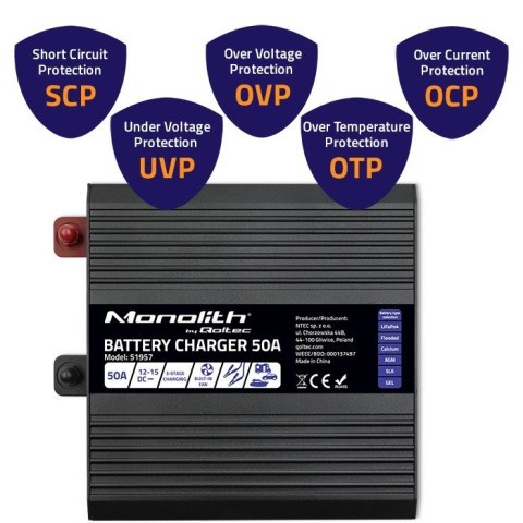 QOLTEC ŁADOWARKA DO AKUMULATORÓW LIFEPO4 AGM GEL SLA | 50A | 12V QOLTEC ŁADOWARKA DO AKUMULATORÓW LIFEPO4 AGM GEL SLA | 50A | 12V