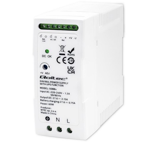 QOLTEC ZASILACZ NA SZYNĘ DIN Z FUNKCJĄ UPS | 60W QOLTEC ZASILACZ NA SZYNĘ DIN Z FUNKCJĄ UPS | 60W