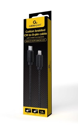 GEMBIRD KABEL USB CM - DO 8 PIN W OPLOCIE TEKSTYLNYM, WTYKI W OSŁONIE METALOWEJ 1.8M, ŁADOWANIE/TRANSMISJA DANYCH, CZARNY