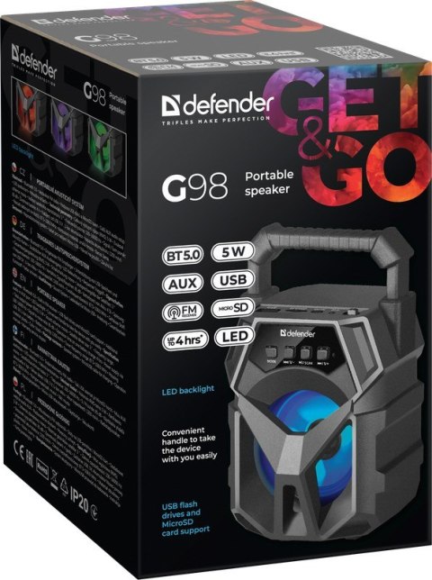 DEFENDER GŁOŚNIK G98 BLUETOOTH 5W BT/FM/TF/USB/AUX/LED 65098 DEFENDER GŁOŚNIK G98 BLUETOOTH 5W BT/FM/TF/USB/AUX/LED 65098