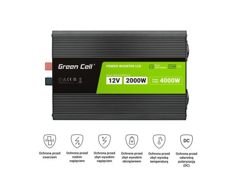 PRZETWORNICA NAPIĘCIA Green Cell PowerInverter LCD 12V -> 230V 2000W/4000W CZYSTA SINUSOIDA PRZETWORNICA NAPIĘCIA Green Cell PowerInverter LCD 12V -> 230V 2000W/4000W CZYSTA SINUSOIDA