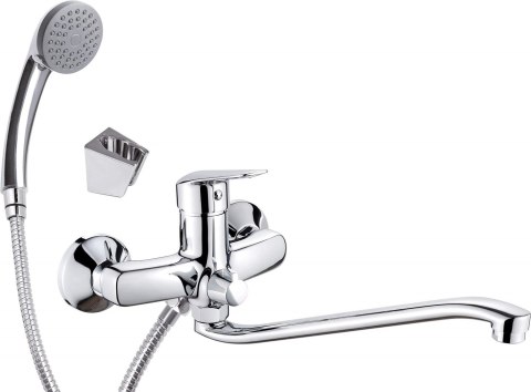 Bateria umywalkowa ścienna z wydłużoną wylewką - podłączenie na wąż i zestaw natryskowy BMO_057M 5908212095621 Bateria umywalkowa ścienna z wydłużoną wylewką - podłączenie na wąż i zestaw natryskowy BMO_057M 5908212095621