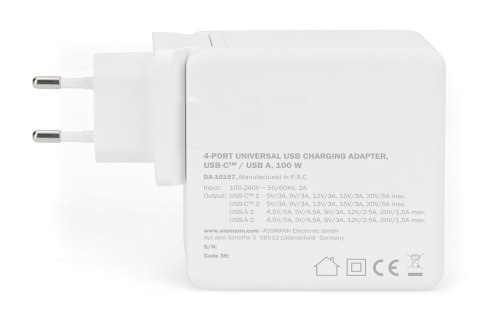 Ładowarka sieciowa uniwersalna zasilacz 4 porty 2xUSB-C 2x USB-A PD 3.0 100W biała Ładowarka sieciowa uniwersalna zasilacz 4 porty 2xUSB-C 2x USB-A PD 3.0 100W biała