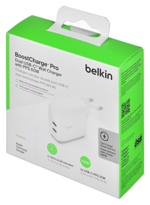 BELKIN ŁADOWARKA 30W 2X USB-C, PD 60W, BIAŁA BELKIN ŁADOWARKA 30W 2X USB-C, PD 60W, BIAŁA