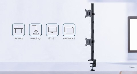 GEMBIRD BIURKOWE REGULOWANE RAMIĘ/UCHWYT NA 2 MONITORY 17-32, VESA 100X100MM, DO 9 KG GEMBIRD BIURKOWE REGULOWANE RAMIĘ/UCHWYT NA 2 MONITORY 17-32, VESA 100X100MM, DO 9 KG