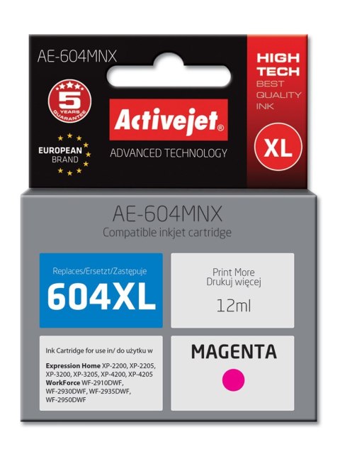 Activejet AE-604MNX Tusz (zamiennik Epson 604XL C13T10H34010; Supreme; wydajność 350 stron; 12 ml; magenta)