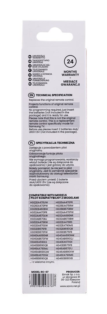 Pilot uniwersalny SAVIO RC-07 (telewizory) Pilot uniwersalny SAVIO RC-07 (telewizory)