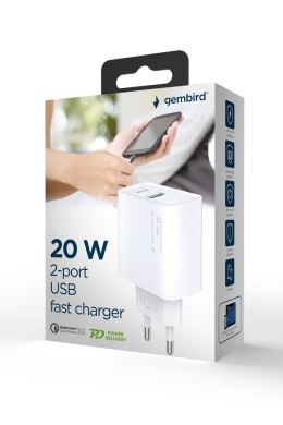 GEMBIRD 2-PORTOWA SZYBKA ŁADOWARKA SIECIOWA POWER DELIVERY USB TYP-C, 20W, BIAŁA