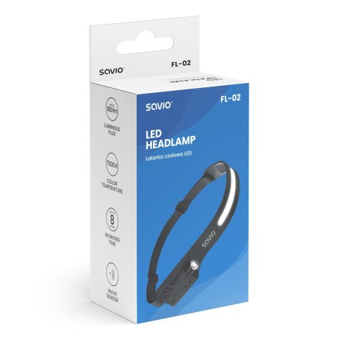 SAVIO LATARKA CZOŁOWA LED Z CZUJNIKIEM RUCHU, USB, 350 LM, ZASIĘG 80M, FL-02 SAVIO LATARKA CZOŁOWA LED Z CZUJNIKIEM RUCHU, USB, 350 LM, ZASIĘG 80M, FL-02