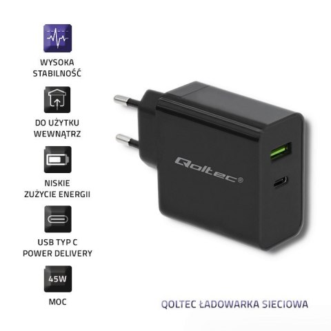 QOLTEC ŁADOWARKA SIECIOWA 42W | 5-20V | 2.25-3A | USB TYP C PD | USB | CZARNA QOLTEC ŁADOWARKA SIECIOWA 42W | 5-20V | 2.25-3A | USB TYP C PD | USB | CZARNA