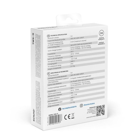 SAVIO SŁUCHAWKI BEZPRZEWODOWE BLUETOOTH 5.3 Z MIKROFONEM, ENC, QC TWS-11 SAVIO SŁUCHAWKI BEZPRZEWODOWE BLUETOOTH 5.3 Z MIKROFONEM, ENC, QC TWS-11