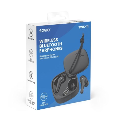 SAVIO SŁUCHAWKI BEZPRZEWODOWE BLUETOOTH 5.3 Z MIKROFONEM, ENC, QC TWS-11 SAVIO SŁUCHAWKI BEZPRZEWODOWE BLUETOOTH 5.3 Z MIKROFONEM, ENC, QC TWS-11