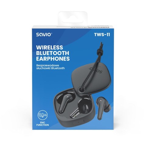 SAVIO SŁUCHAWKI BEZPRZEWODOWE BLUETOOTH 5.3 Z MIKROFONEM, ENC, QC TWS-11 SAVIO SŁUCHAWKI BEZPRZEWODOWE BLUETOOTH 5.3 Z MIKROFONEM, ENC, QC TWS-11