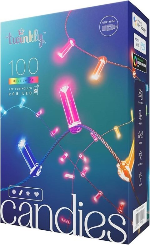 Twinkly Candies - 100 Lampki w kształcie świeczki RGB LEDs, zielony przewód, USB-C Twinkly Candies - 100 Lampki w kształcie świeczki RGB LEDs, zielony przewód, USB-C