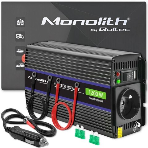 Qoltec Przetwornica napięcia Monolith 1200 MS Wave | 12V na 230V | 600/1200W | USB Qoltec Przetwornica napięcia Monolith 1200 MS Wave | 12V na 230V | 600/1200W | USB