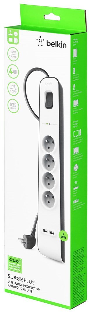 Listwa zasilająca Belkin Power Surge 4-PORT + 2xUSB-A 2.4A 525J Grey/White Listwa zasilająca Belkin Power Surge 4-PORT + 2xUSB-A 2.4A 525J Grey/White