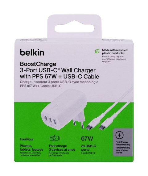 BELKIN ŁADOWARKA KĄTOWA 3X USB-C PPS 67W, KABEL USB-C BELKIN ŁADOWARKA KĄTOWA 3X USB-C PPS 67W, KABEL USB-C