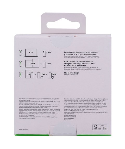 BELKIN ŁADOWARKA KĄTOWA 3X USB-C PPS 67W, KABEL USB-C BELKIN ŁADOWARKA KĄTOWA 3X USB-C PPS 67W, KABEL USB-C
