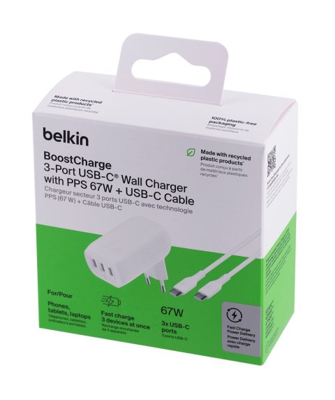 BELKIN ŁADOWARKA KĄTOWA 3X USB-C PPS 67W, KABEL USB-C BELKIN ŁADOWARKA KĄTOWA 3X USB-C PPS 67W, KABEL USB-C