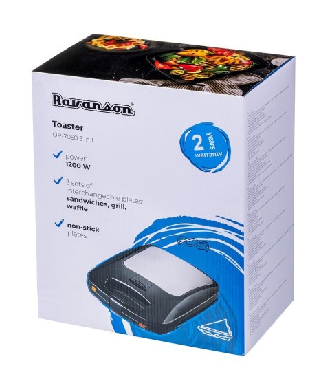 Opiekacz 3 w 1 Ravanson OP-7050 (1200W; kolor czarny) (WYPRZEDAŻ) Opiekacz 3 w 1 Ravanson OP-7050 (1200W; kolor czarny) (WYPRZEDAŻ)