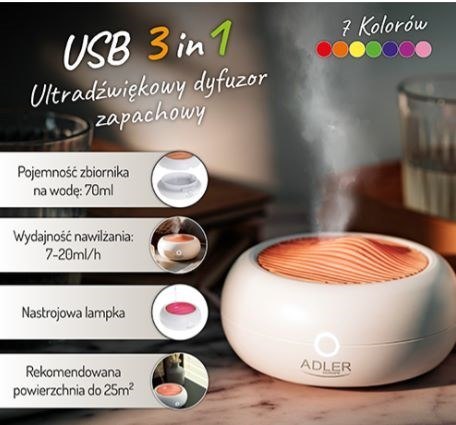 Ultradźwiękowy dyfuzor zapachowy USB 3w1 Adler Ultradźwiękowy dyfuzor zapachowy USB 3w1 Adler
