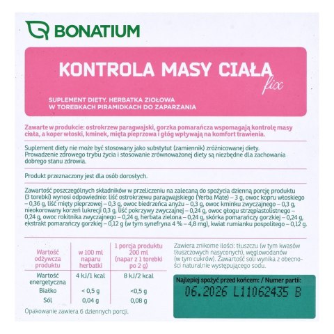 Bonatium Herbatka ziołowa Kontrola masy ciała Fix 20szt. Bonatium Herbatka ziołowa Kontrola masy ciała Fix 20szt.