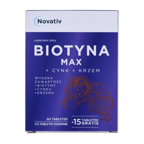 Novativ Biotyna MAX+Cynk+Krzem 60 tabletek + 15 tabletek gratis Novativ Biotyna MAX+Cynk+Krzem 60 tabletek + 15 tabletek gratis
