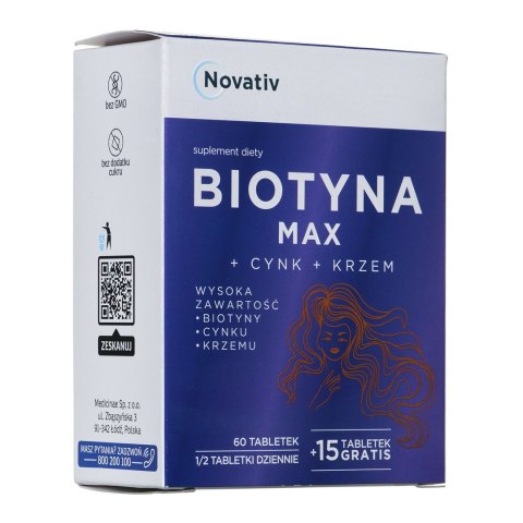 Novativ Biotyna MAX+Cynk+Krzem 60 tabletek + 15 tabletek gratis Novativ Biotyna MAX+Cynk+Krzem 60 tabletek + 15 tabletek gratis