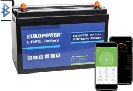 EUROPOWER Akumulator LiFePO4 EUROPOWER serii LFP 12,8V 120Ah Bluetooth, mata grzewcza (Żywotność ~2000 cykli)