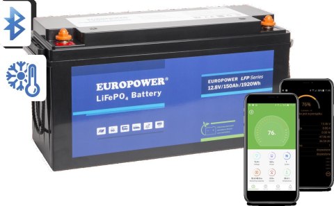 EUROPOWER Akumulator LiFePO4 EUROPOWER serii LFP 12,8V 150Ah Bluetooth, mata grzewcza (Żywotność ~2000 cykli)