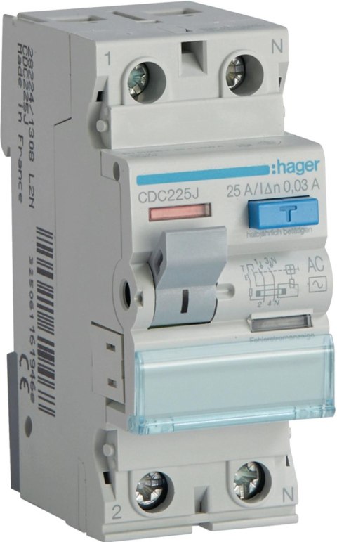 HAGER Wyłącznik różnicowoprądowy 1P+N 25A 30mA 6kA AC HAGER CDC225J