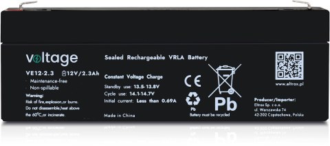 VOLTAGE Akumulator AGM Voltage 12V 2,3Ah VE12-2.3 (Żywotność 6-9 lat)