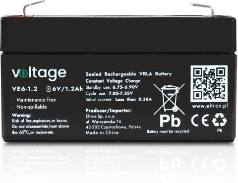 VOLTAGE Akumulator AGM Voltage 6V 1,2Ah VE6-1.2 (Żywotność 6-9 lat)