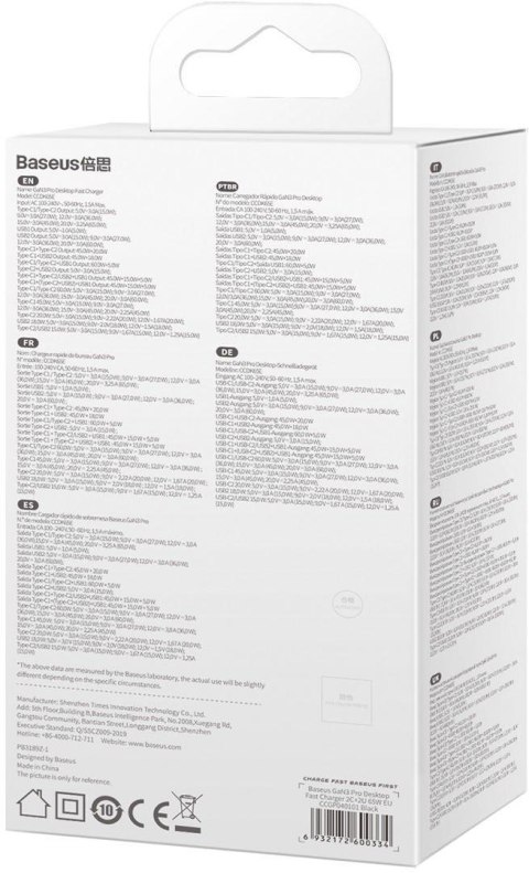 BASEUS ŁADOWARKA SIECIOWA Baseus GaN 3 Pro Desktop Charger CCGP040101 65W 2x USB-A 2x USB-C PD 3.0 QC 4.0