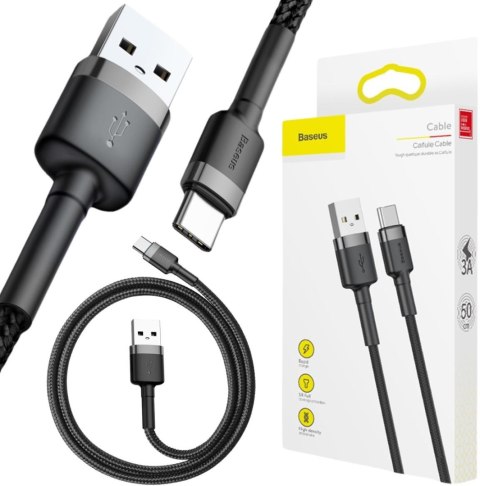 BASEUS KABEL USB-A / USB-C Baseus Cafule CATKLF-AG1 50cm 3A QC 3.0 CZARNO-SZARY W NYLONOWYM OPLOCIE