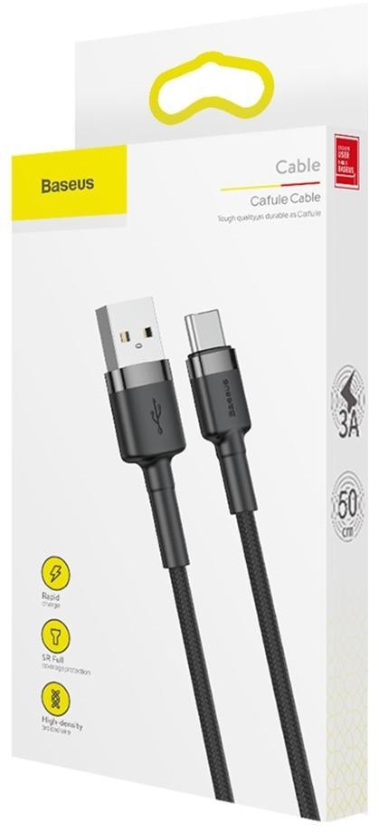 BASEUS KABEL USB-A / USB-C Baseus Cafule CATKLF-AG1 50cm 3A QC 3.0 CZARNO-SZARY W NYLONOWYM OPLOCIE