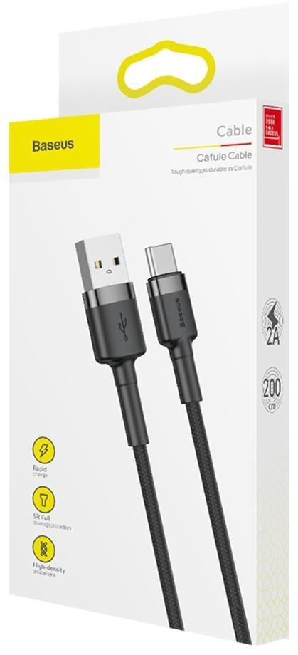 BASEUS KABEL USB-A / USB-C Baseus Cafule CATKLF-CG1 200cm 2A QC 3.0 CZARNO-SZARY W NYLONOWYM OPLOCIE