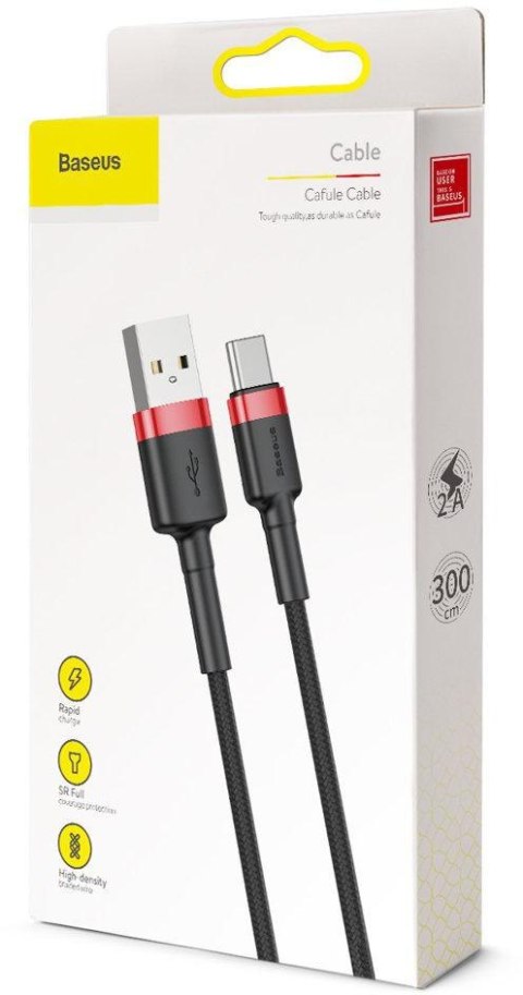 BASEUS KABEL USB-A / USB-C Baseus Cafule CATKLF-U91 300cm 2A QC 3.0 CZARNO-CZERWONY W OPLOCIE