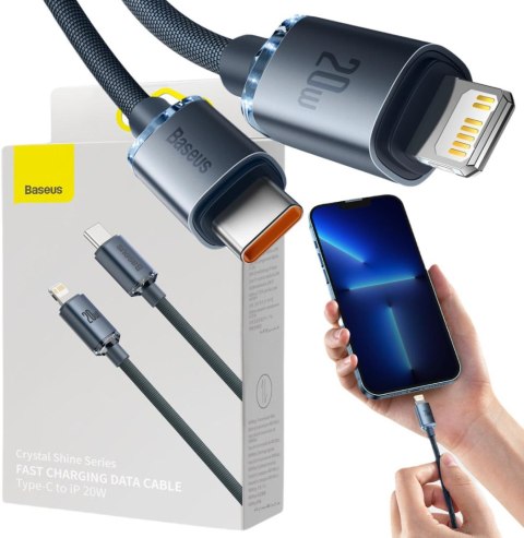 BASEUS KABEL USB-C / Lightning iPhone Baseus Crystal CAJY000301 2m 20W PD QC CZARNY W OPLOCIE PREMIUM