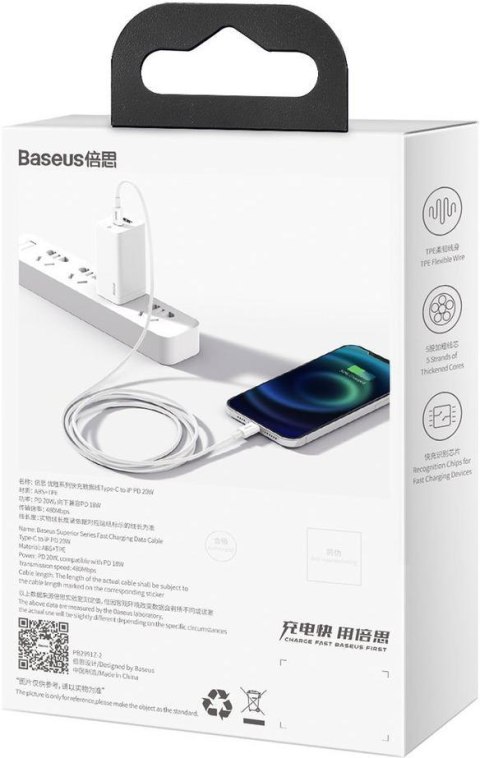 BASEUS KABEL USB-C / Lightning iPhone Baseus Superior CATLYS-A02 1m 20W PD Quick Charging BIAŁY PREMIUM