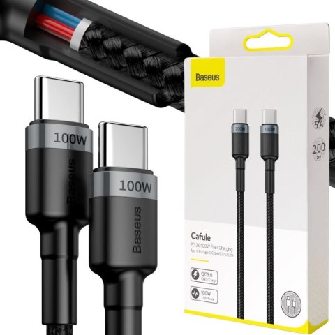 BASEUS KABEL USB-C / USB-C Baseus Cafule CATKLF-ALG1 200cm 100W 5A PD 2.0 QC 3.0 CZARNO-SZARY W OPLOCIE