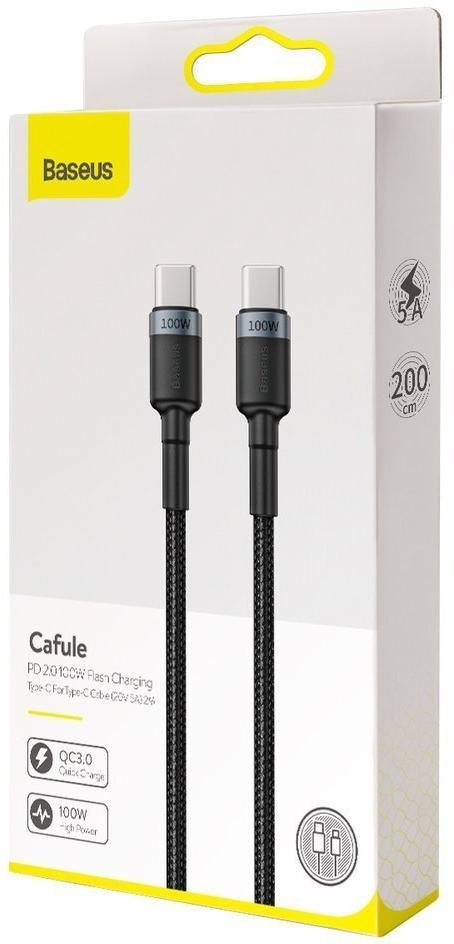 BASEUS KABEL USB-C / USB-C Baseus Cafule CATKLF-ALG1 200cm 100W 5A PD 2.0 QC 3.0 CZARNO-SZARY W OPLOCIE