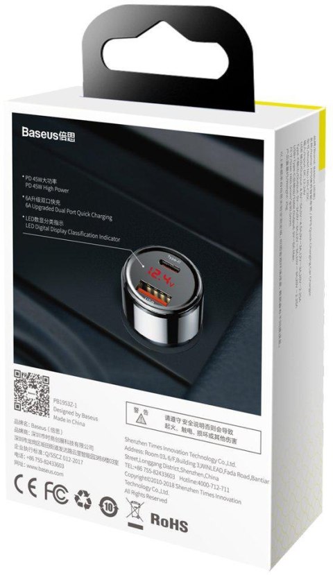 BASEUS ŁADOWARKA SAMOCHODOWA Baseus Magic CCMLC20C-01 45W 6A 1x USB-A 1x USB-C QC 3.0