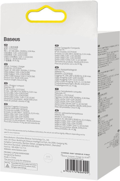 BASEUS ŁADOWARKA SIECIOWA Baseus Compact Charger CCXJ010201 10.5W 2x USB-A CZARNA