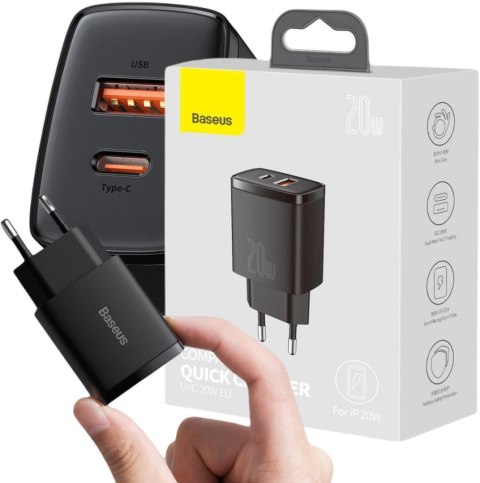 BASEUS ŁADOWARKA SIECIOWA Baseus Compact Quick Charger CCXJ-B01 20W 1x USB-A 1x USB-C PD 3.0 QC 3.0 CZARNA